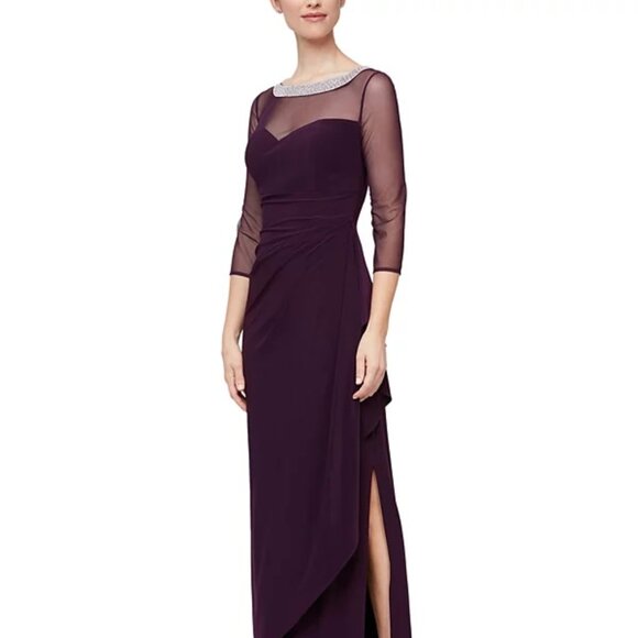 Alex Evenings Women's Embellished-Neck Side-Ruched  Dress Eggplant Size 12 - Picture 1 of 3